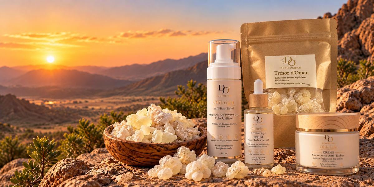 Soins Olibright® et résine d'Oliban Royal Hojari au coucher du soleil dans les montagnes du Dhofar, Oman