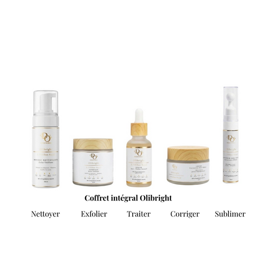 Coffret Intégral Olibright® : les 5 soins à l'Oliban Royal — mousse nettoyante, gommage, sérum anti-taches, crème correctrice et contour des yeux